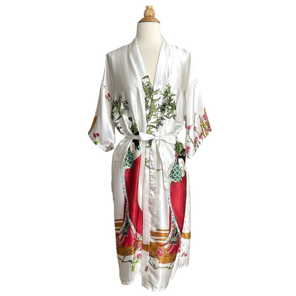 Asian Inspired Geisha Print White Satin Kimono Robe Topper Modern Bohemian M - Picture 13 of 13